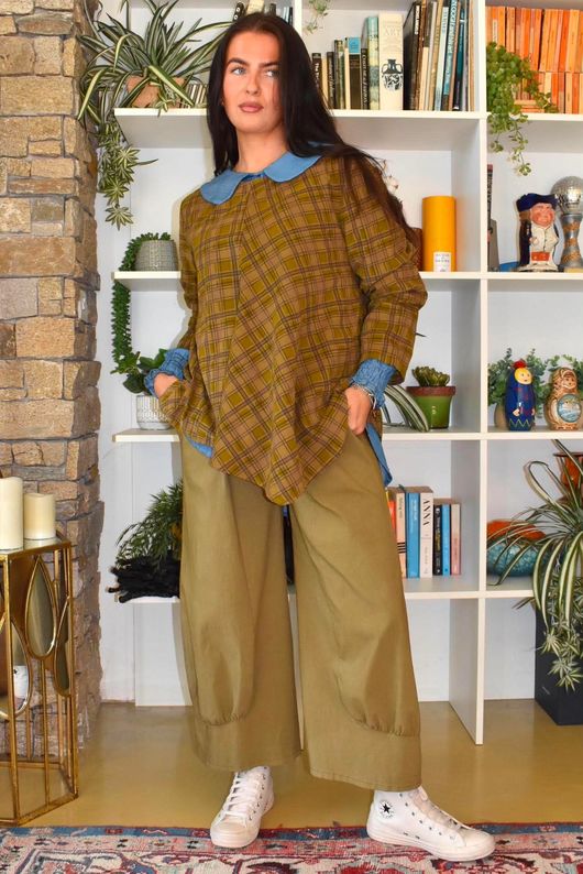 Heritage Needlecord Plaid Swing Top Mucky Olive & Camel
